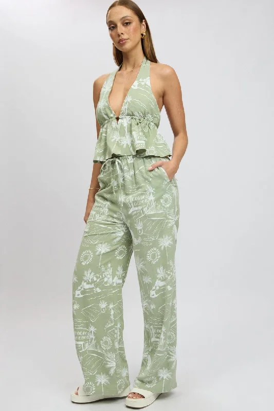 Green Abstract Wide Leg Pants High Rise