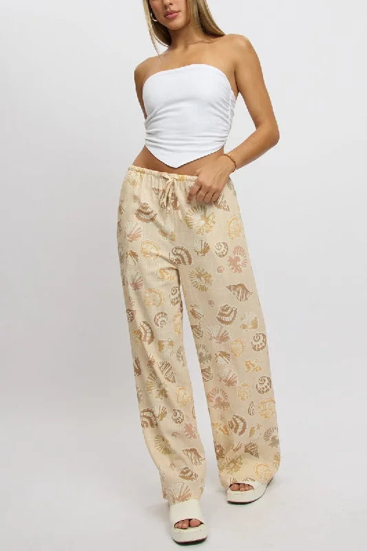 Beige Abstract Wide Leg Pants High Rise