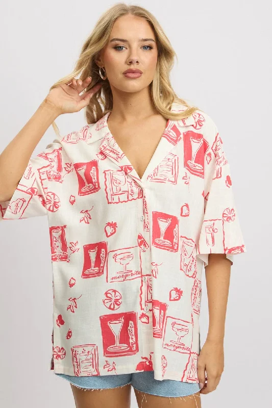 Red Abstract Relaxed Shirt Short Sleeve Linen Blend