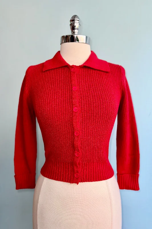 Red Collared Cardigan by Collectif