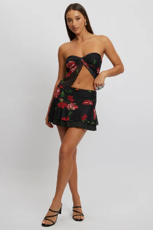 Black Floral Mini Skirt Elasticated Waist Skater Layered Mesh