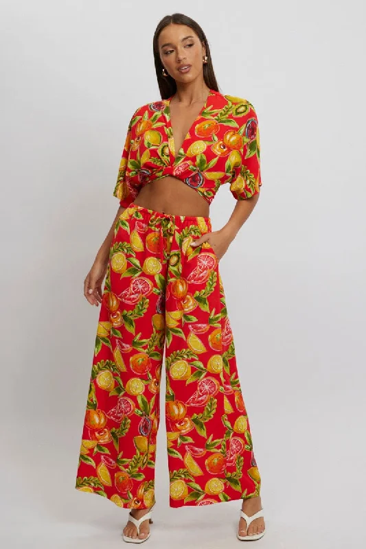 Red Abstract Wide Leg Pants High Rise