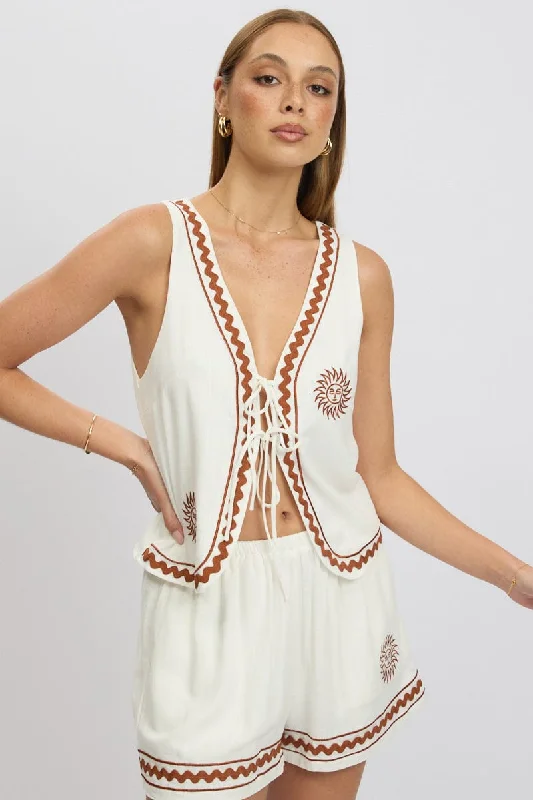 White Linen Vest Sleeveless Embroidery