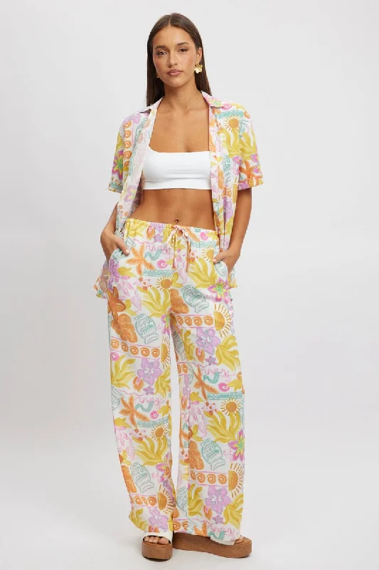 Multi Abstract Wide Leg Pants High Rise