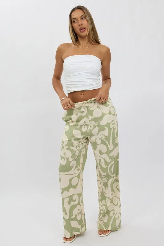 Green Abstract Wide Leg Pants High Rise