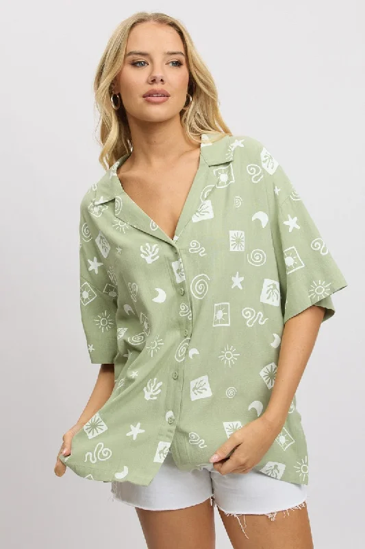 Green Abstract Relaxed Shirt Short Sleeve