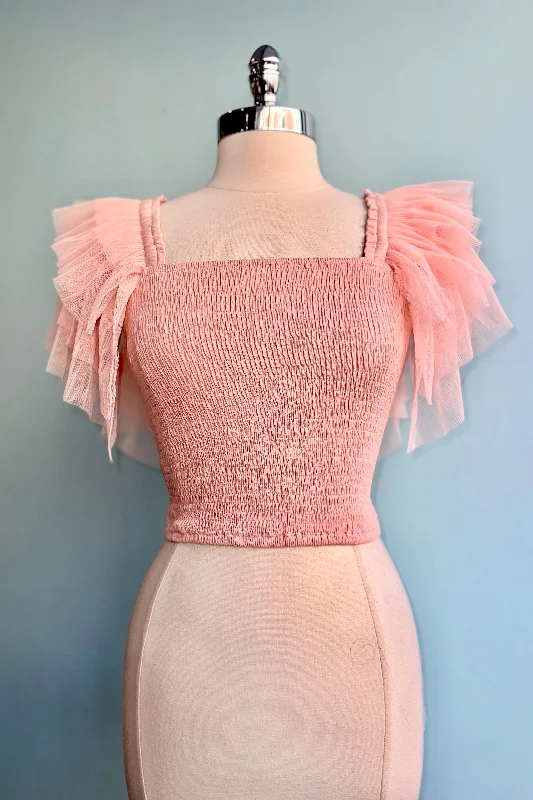 Tiered Ruffle Sleeve Smocked Square Neck Top in Blush