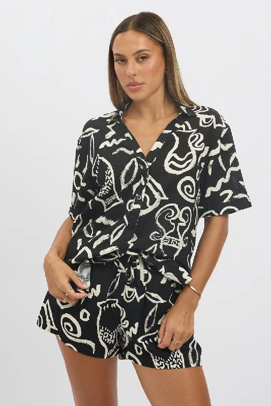 Black Abstract Relaxed Shirt Short Sleeve