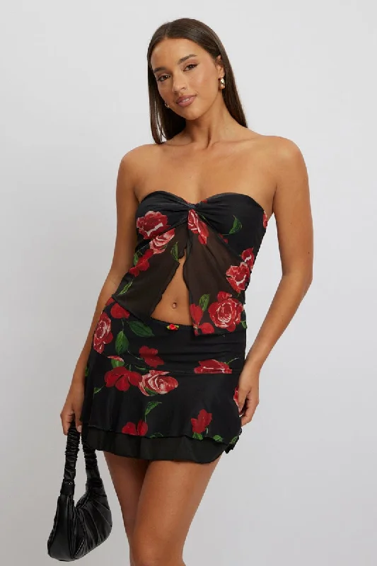 Black Floral Twisted Bandeau Top Mesh