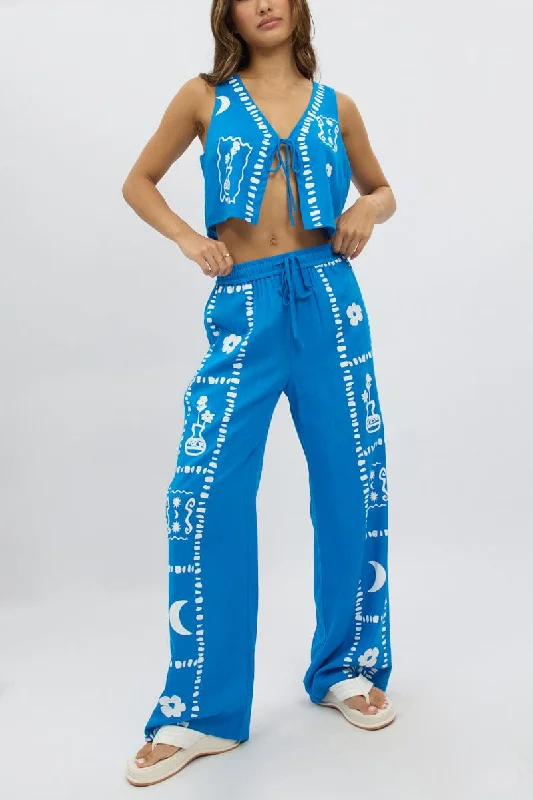 Blue Wide Leg Pants Elasticated Waist