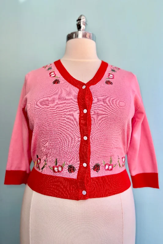 Insects and Flowers Embroidered Skye Cardigan in Pink by Miss Lulo