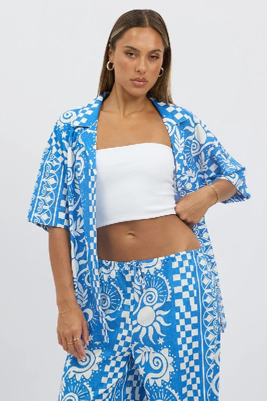 Blue Abstract Relaxed Shirt Short Sleeve Linen Blend