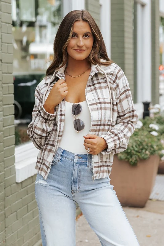 Brown Plaid Hooded Zip Up Jacket - FINAL SALE