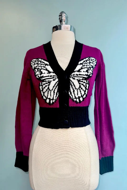 Magenta Butterfly Cropped Knit Cardigan