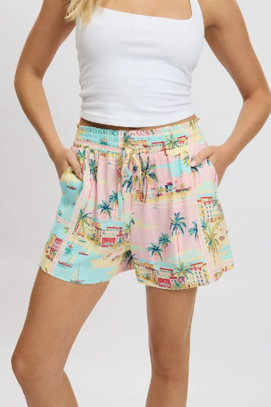 Multi Abstract Relaxed Shorts High Rise