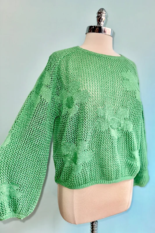 Open Knit Flower Sweater in Green