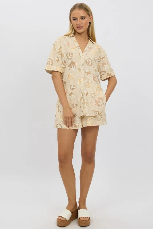 Beige Abstract Relaxed Shirt Short Sleeve Linen Blend