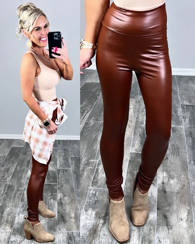 High Waist Fleece Lined Faux Leather Leggings - Chocolate