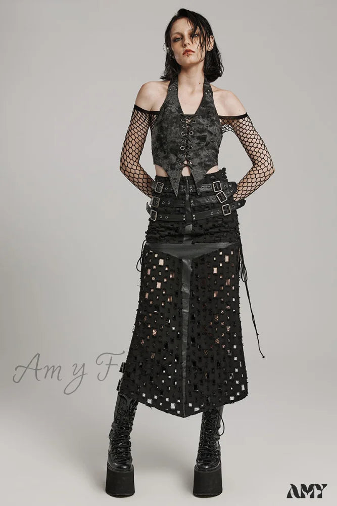 Women's Letter Hollowed Slit Adjustable Punching Half Eyelet Buckle Cross Rock Skirt Tattered