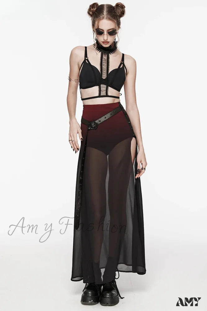 A-line Slit High Women's Knitted Daily Chiffon Gothic & Long Skirt Rubberized Perspective