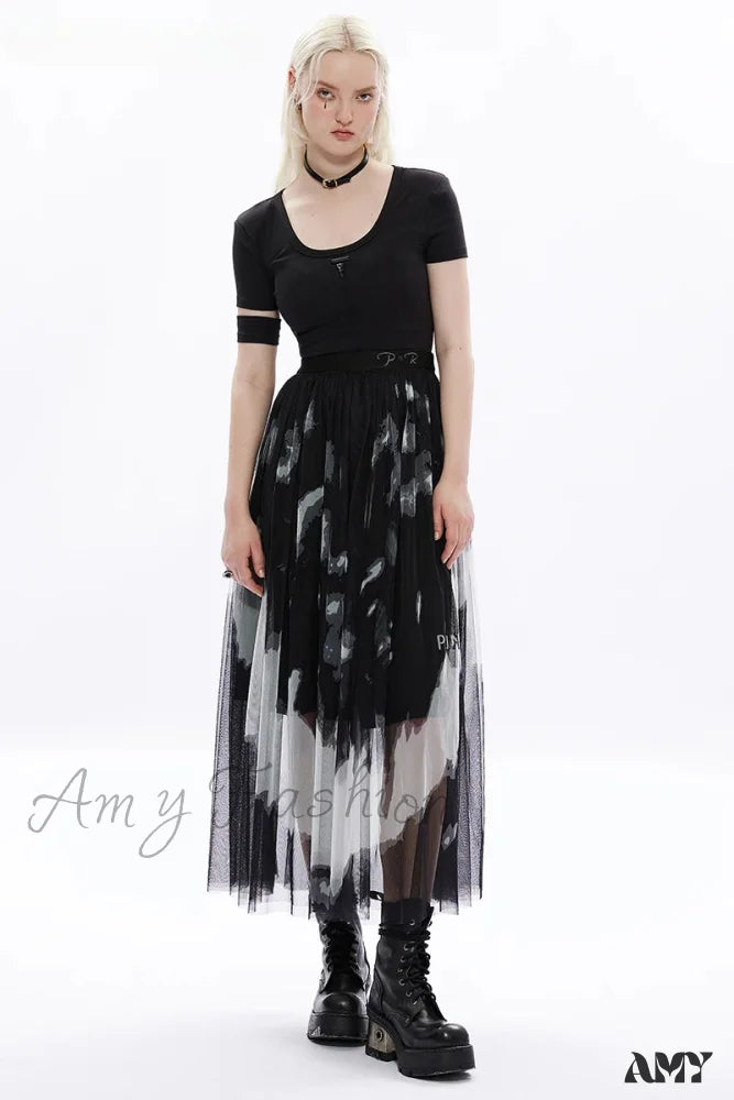 Gauze Tie Women's At Embroidery Letter Mid-length Skirt Girl Daily Logo Rivet Waist Fashion Dyed