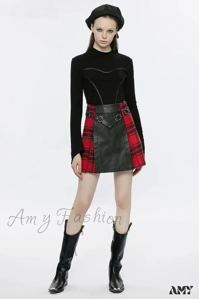 Metal Buckle Black+Red Mini Splicing Daily Skirt Personality A-Line Women's Rivet Belt Plaid