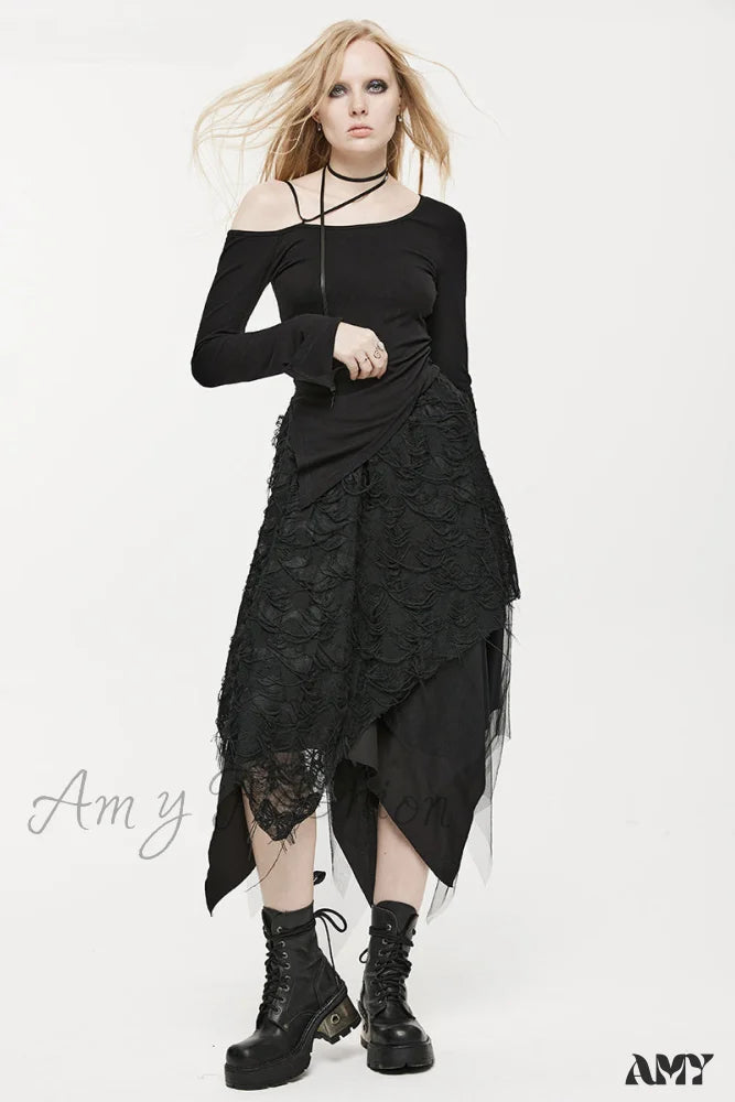 Asymmetrical and Women's Burnt Dry Style Black Tattered Skirt Butterfly Half Mesh Fashion