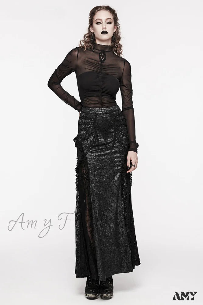 Sexy Long Lace Splicing Midi Gorgeous Club Skirt Party Decoration Women's Gothic Textured