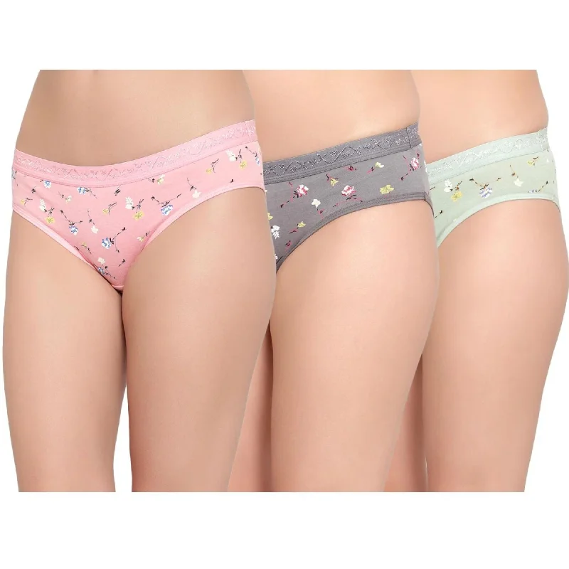 Velvi Figure Multicolor Floral Printed Cotton Panty- (Pink, Green Grey)- Pack of 3