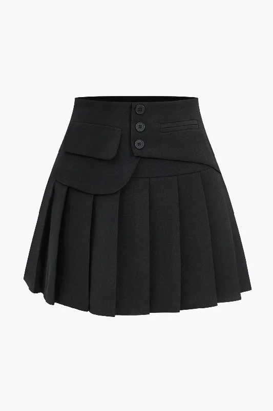 Pleated Asymmetrical Button Pocket High Waist Skirt