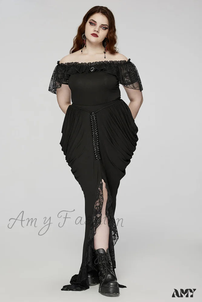 Gothic Elegance Personality Pleat Long Lace Knitted Women's Side Hip Skirt and Designed Party