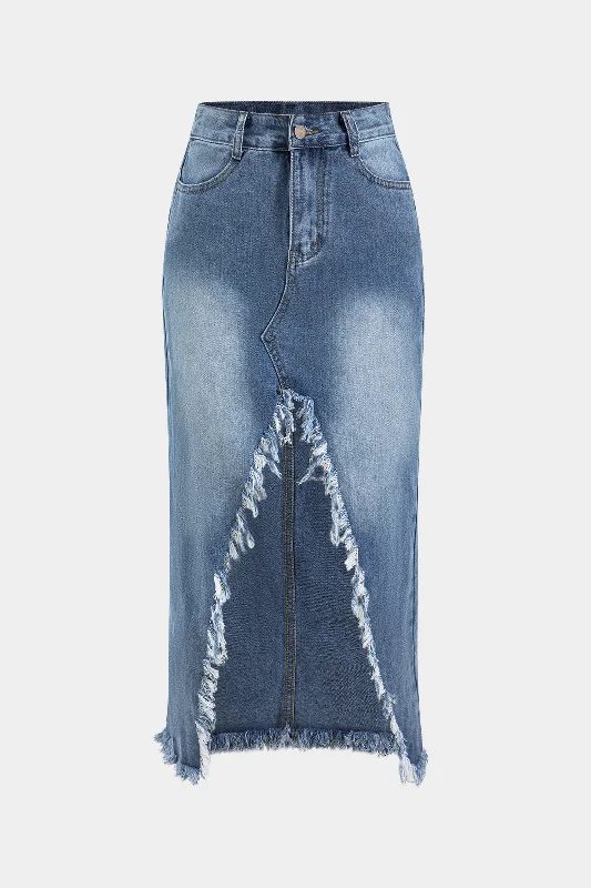 Denim Zipper Button Pocket Slit Skirt