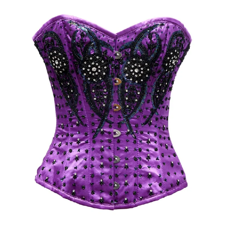 Grentz Purple Satin Embroidery Overbust Corset