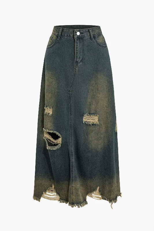 Frayed Cut Out Button Washed Denim Skirt