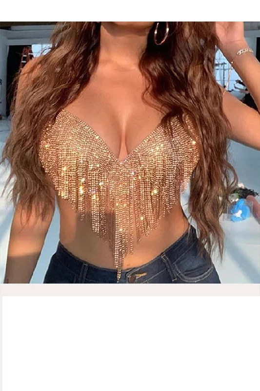 Backless Off Shoulder Shiny Crystal Crop Top