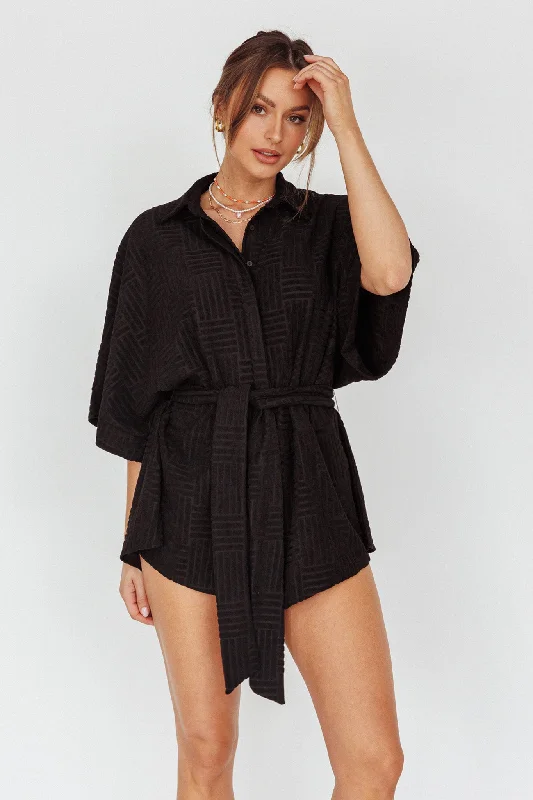 Daytona Beach Button-Up Romper Textured Black