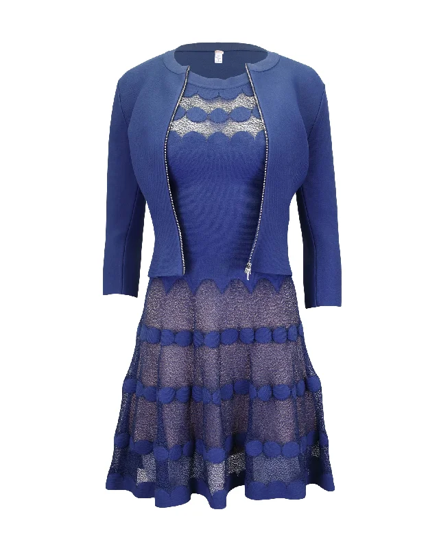 Alaia Sleeveless Sheer Panel Dress w/ Front Zip Jacket in Blue Viscose