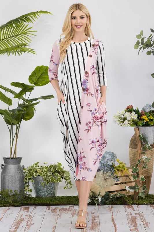 Full Size Floral Striped Contrast Midi-Dress with Pockets