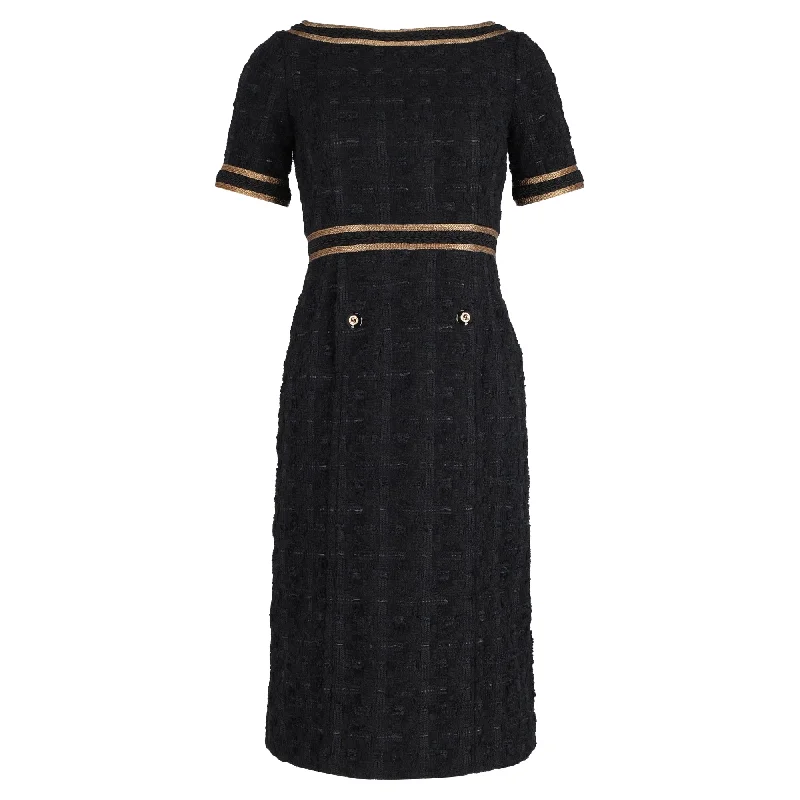 Gucci Midi Ribbon-Trimmed Embroidered Dress in Black Tweed