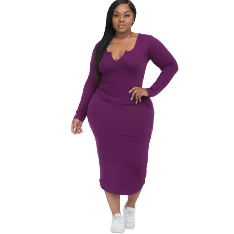 Plus Size Split Neck Long Sleeve Midi Dress