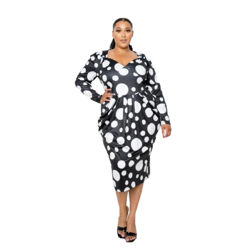 Polka Dot Drop Waist Ruched Midi Dress