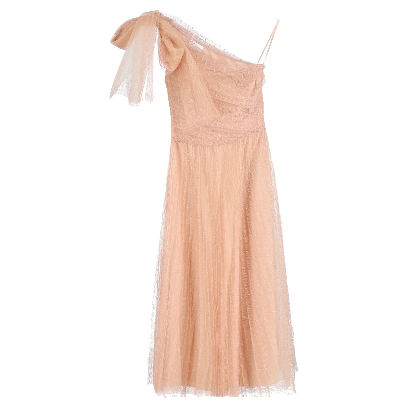 Red Valentino One-shoulder Pleated Point D'esprit Tulle Midi Dress In Beige Polyester