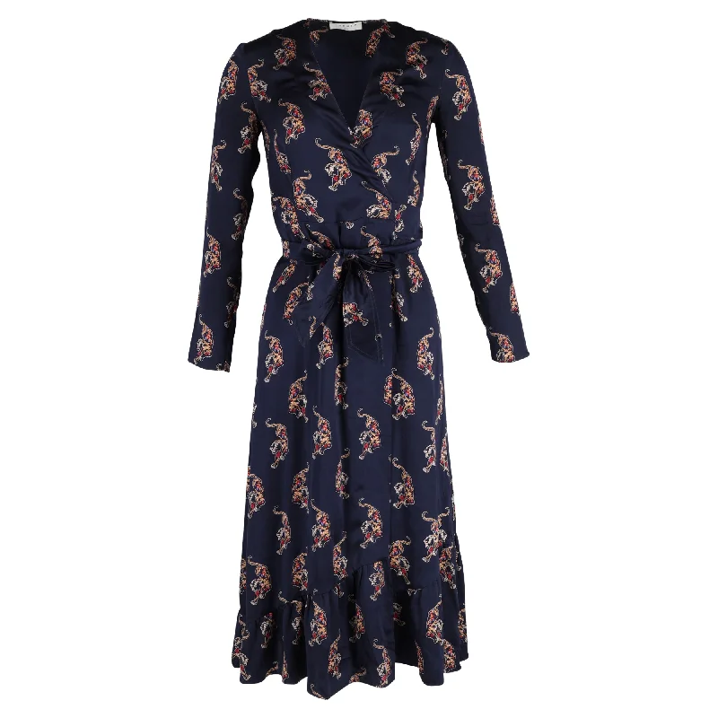 Sandro Paris Printed Wrap Midi Dress in Navy Blue Silk