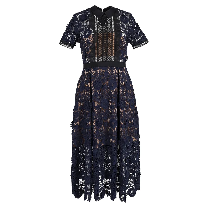 Self-Portrait Camilla Chiffon Midi Dress in Navy Blue Polyester