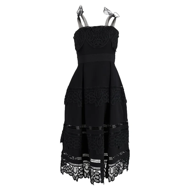 Self-Portrait Midi Lace Trim Self-Tie Dress in Black Cotton