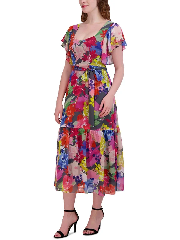 Womens Floral Print Summer Dress Midi Dress