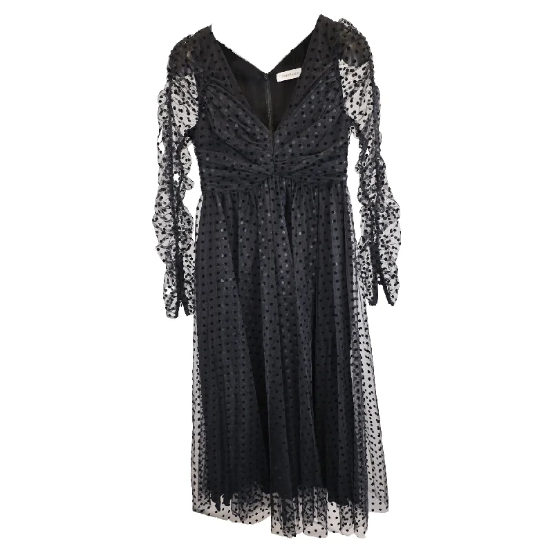 Zimmermann Midi Polka Dot Tulle V-Neck Long Sleeve Dress in Black Polyester