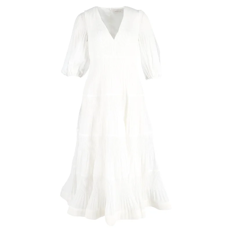 Zimmermann Puff-Sleeve Plissé-Voile Midi Dress in White Polyester