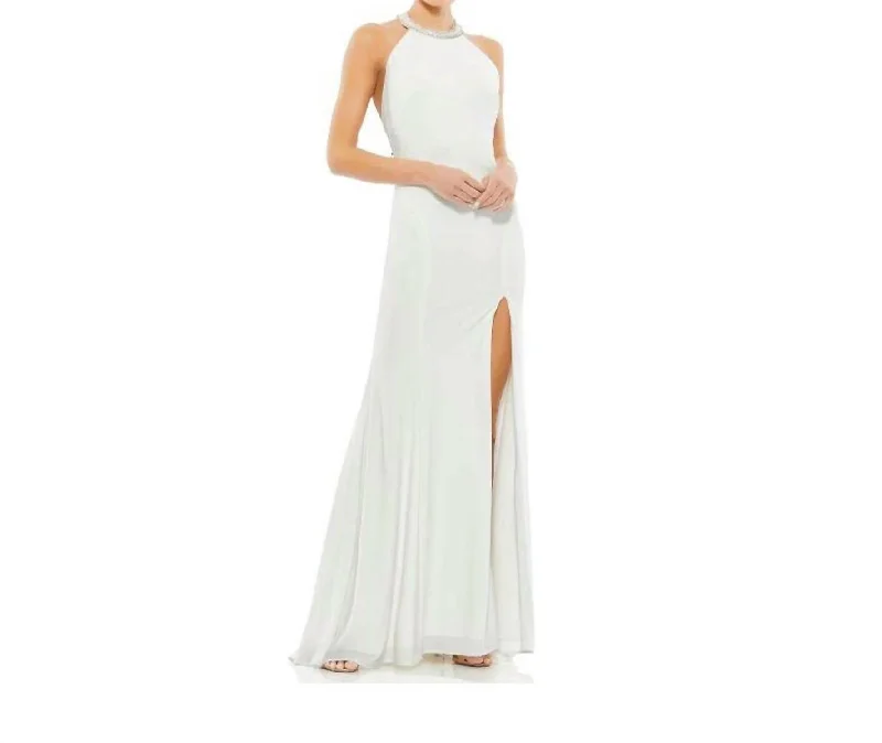 Beaded Detail Halter Gown In Vanilla