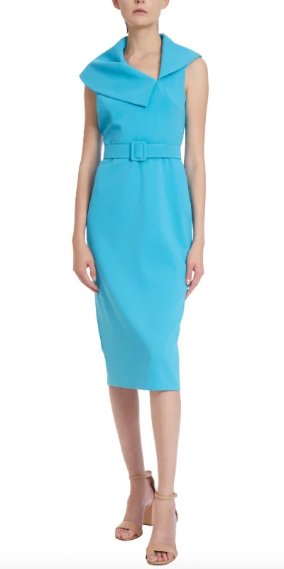 Belted Sheath Cocktail Gown With Portrait Collar In Turquoise